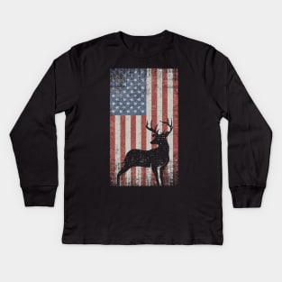 Whitetail Buck Deer USA Flag Kids Long Sleeve T-Shirt